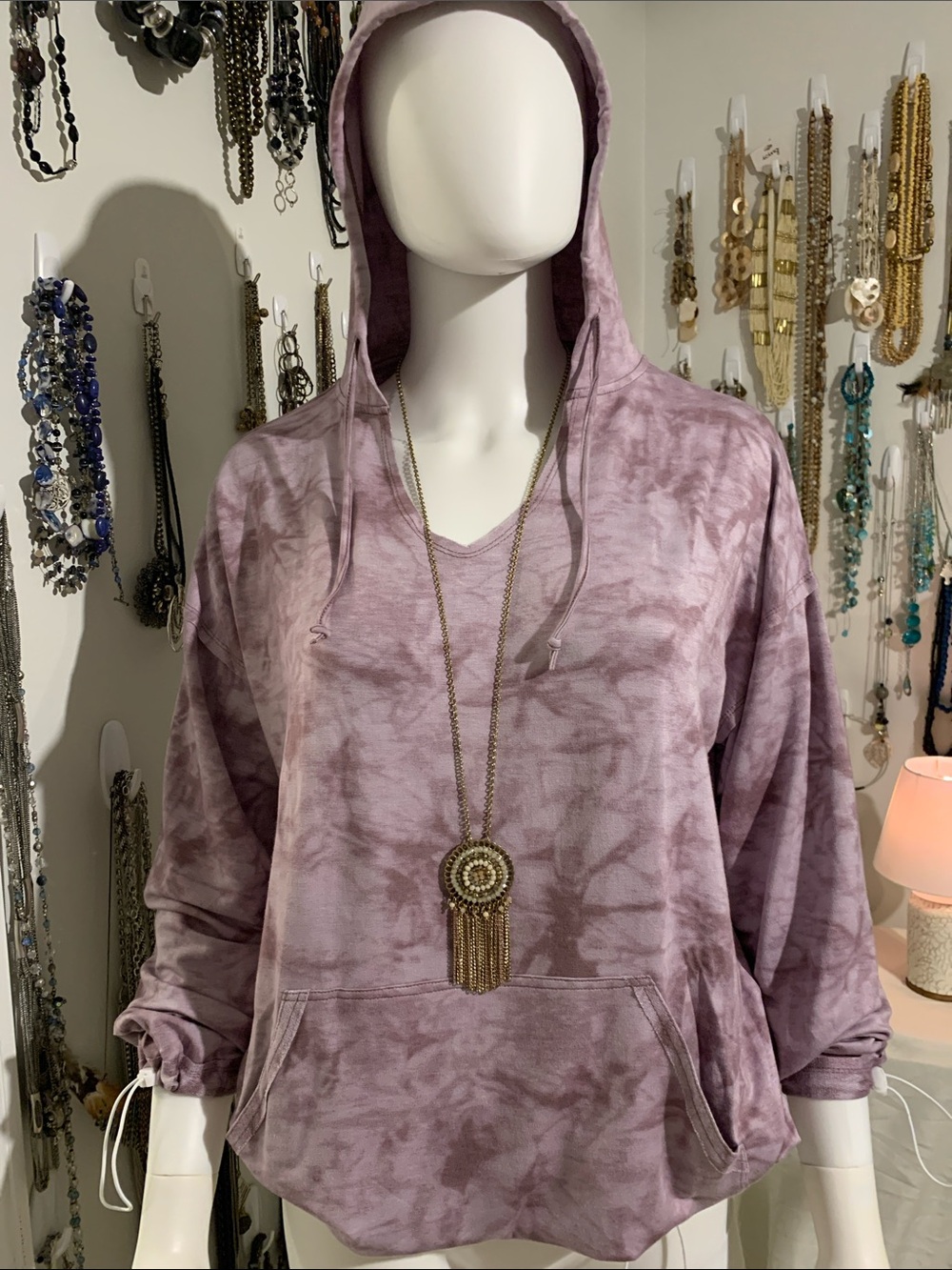 Grace & Lace Lavender Tie-Dye V-Neck Hoodie with necklace